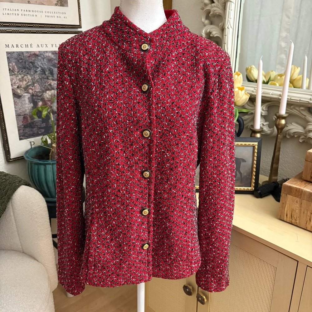 ST. JOHN Red Tweed Button Down Jacket Size 12